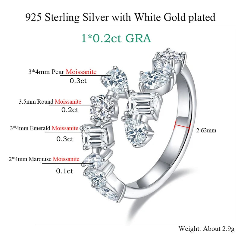 VALARONA JEWELS 100% Real All Moissanite Wedding Ring for Women Irregular Adjustable Luxury Sterling Silver 925 Half Eternity Band GRA