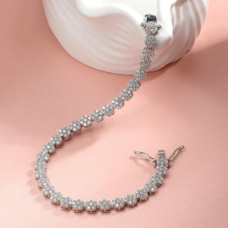 VALARONA JEWELS Cut Flower Moissanite Tennis Bracelet for Women 1.5mm Gem Full Diamond 925 Sterling Silver Plated 18K Jewelry