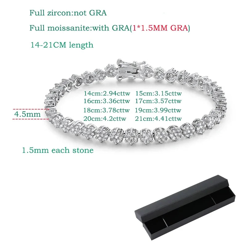 VALARONA JEWELS Cut Flower Moissanite Tennis Bracelet for Women 1.5mm Gem Full Diamond 925 Sterling Silver Plated 18K Jewelry