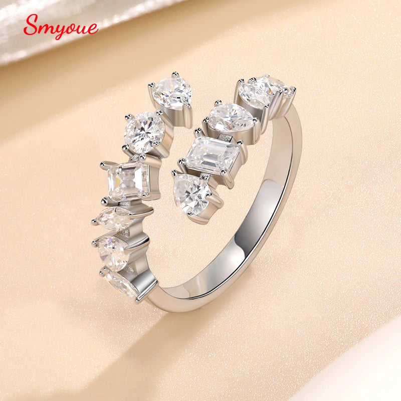 VALARONA JEWELS 100% Real All Moissanite Wedding Ring for Women Irregular Adjustable Luxury Sterling Silver 925 Half Eternity Band GRA