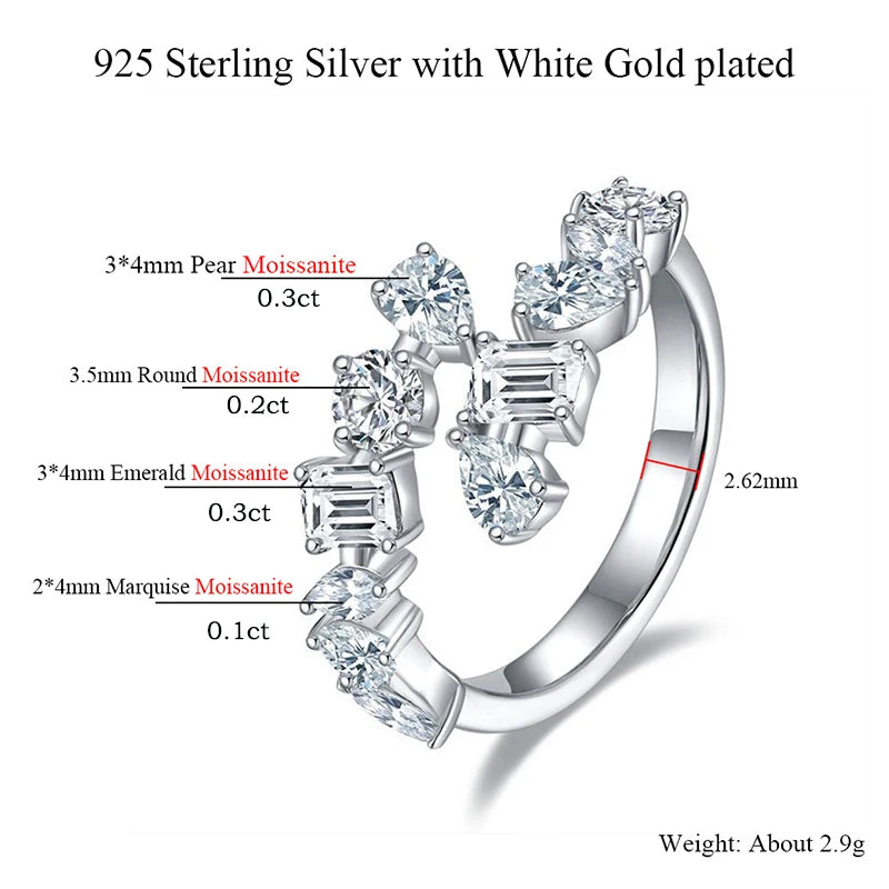 VALARONA JEWELS 100% Real All Moissanite Wedding Ring for Women Irregular Adjustable Luxury Sterling Silver 925 Half Eternity Band GRA