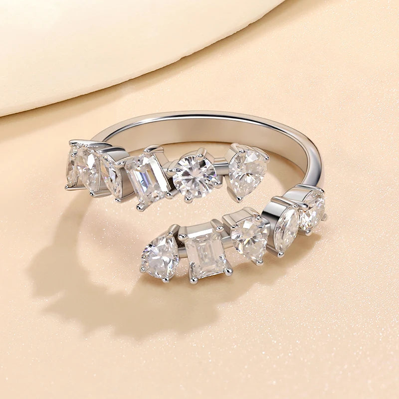 VALARONA JEWELS 100% Real All Moissanite Wedding Ring for Women Irregular Adjustable Luxury Sterling Silver 925 Half Eternity Band GRA