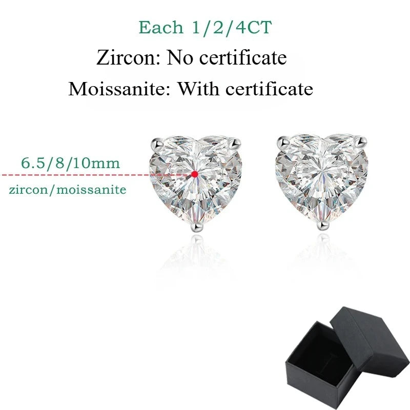 Smyoue 1CT 2CT 4CT Heart Cut Moissanite Stud Earrings for Women Luxury Quality Lab Diamond S925 Sterling Silver Bride Jewelry