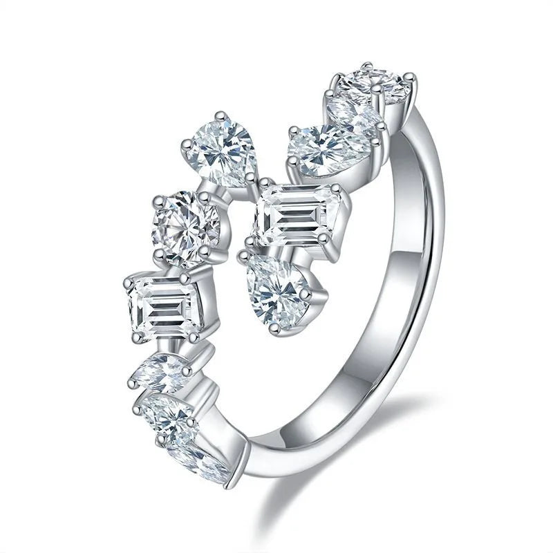 VALARONA JEWELS 100% Real All Moissanite Wedding Ring for Women Irregular Adjustable Luxury Sterling Silver 925 Half Eternity Band GRA