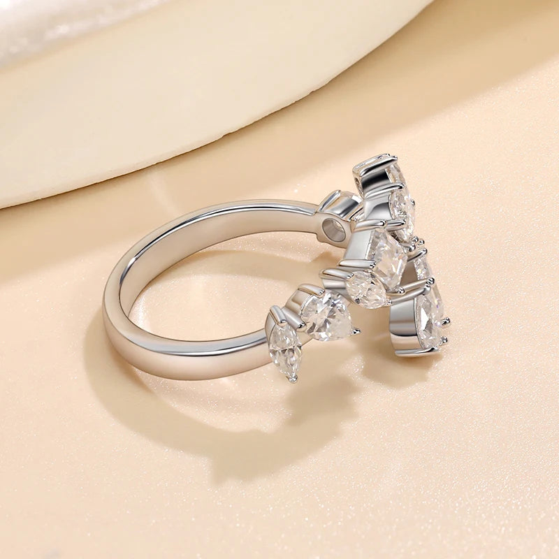 VALARONA JEWELS 100% Real All Moissanite Wedding Ring for Women Irregular Adjustable Luxury Sterling Silver 925 Half Eternity Band GRA